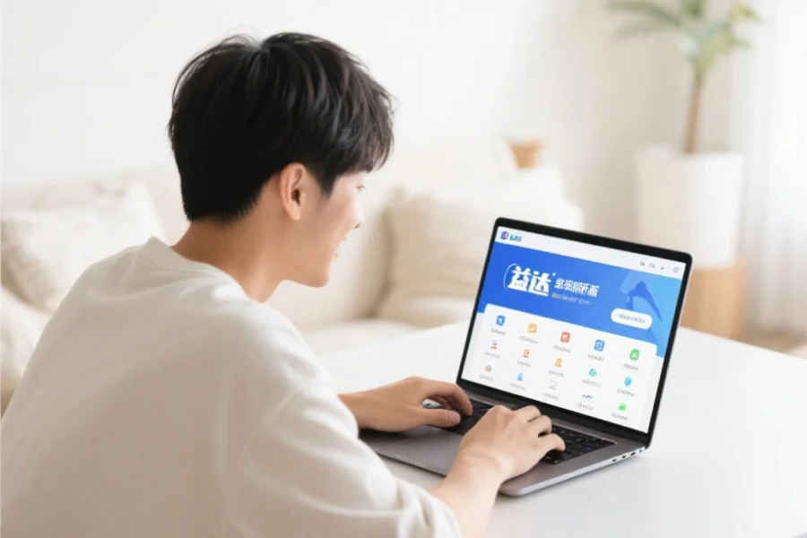 一位年轻用户在明亮舒适的室内环境中愉快地使用笔记本电脑，屏幕上展示88彩客户端新版界面